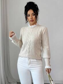 Selianne Elegant Solid Color Sweater, Fashionable Palace Style, Graceful Lace Collar, Metal Button Cuff Decoration, Suitable For Christmas Party, Outing, Dating, Commuting, And Home Wear - Apricot - View 5