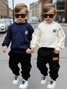 SHEIN Genkimix Kids قميص ثقيل بنفرة طويل الأكمام كاجوال للأولاد، قطعتان، قابل للتنسيق مع العائلة، من البوليستر، قابل للغسل في الغسالة، مناسب للسفر والعودة للمدرسة والأنشطة الخارجية، طقم عملي من قطعتين