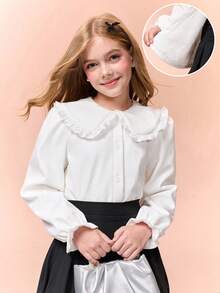 Tween 女童白色荷叶边领长袖保暖衬衣 - 白色 - 查看 1