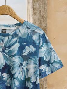 EMERY ROSE Women's Versatile Elegant Fitted Artistic Floral Print Casual Minimalist Round Neck Short Sleeve Loose T-Shirt - Multicolor - View 4