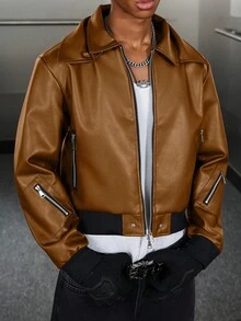 Manfinity EMRG Men's Long Sleeve Jacket Leather Street Style Ins Versatile Retro American Casual Jacket, Zipper Design Couple Matching, Autumn/Winter Leather Jacket - Brown - View 3