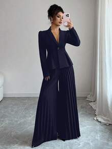 Elenzga 女士优雅通勤黑色西装外套，翻领和金边装饰纽扣，长泡泡袖，合身设计 + 女士优雅通勤黑色褶皱设计宽松阔腿裤，春秋 - 藍色 - 查看 4