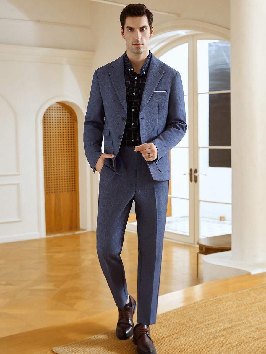 Manfinity Bizformal Men's Navy Blue Blazer,Elegant Wedding Suit Jacket,Summer Fashionable Business Casual Slim Fit Solid Color Straight Collar Front Button Sports Coat - Blue - View 1
