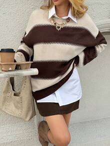 DAZY Áo len chui đầu dài tay trễ vai màu tương phản thường ngày thời trang nữ - Cà phê nâu - Xem 5
