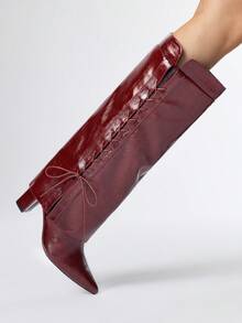 ROMWE Grunge Punk Women's Pointed Toe Lace-Up Chunky Heel Over-The-Knee Boots For Christmas - Burgundy - View 3