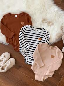 SHEIN 3件套新生儿男女宝宝可爱卡通印花长袖连体衣，男女通用婴儿服装，婴儿冬季服装 - 彩色 - 查看 7