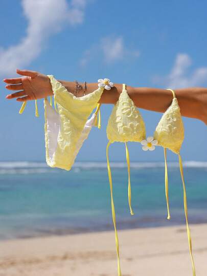 Swim Mod Bikini de 2 piezas con top halter de triángulo y Bottom con lazos laterales, de tela texturizada con estampado floral sólido