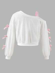 SHEIN Explorewe Áo nỉ dài tay thời trang đính nơ cho bé gái tuổi teen, mùa thu - trắng - Xem 2