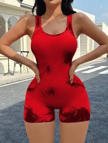 Gameset SHEIN Sport Women's Fitness Jumpsuit, Slim Fit Stylish Yoga Bodysuit Sexy Workout Jumpsuit Red Workout Jumpsuit - Red - View 2