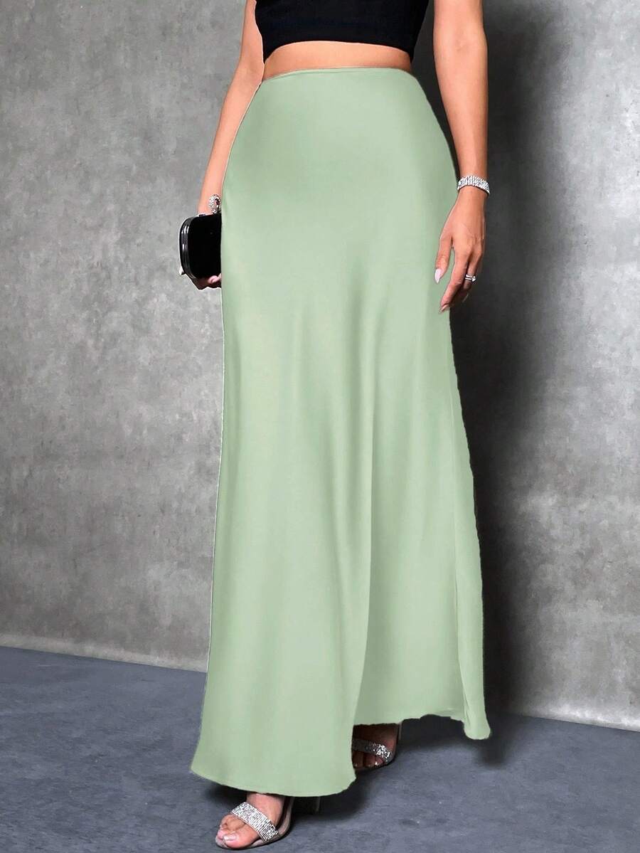 SHEIN Tall Women's Green Satin Mermaid Maxi Skirt With Zipper For Party Elegance - Green - View 1