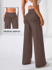 Eassivo Eassivo High Waisted Butt-Lifting Wide Leg Yoga Pants With Faux Pockets, Women Sports Long Trousers - Brown - View 7