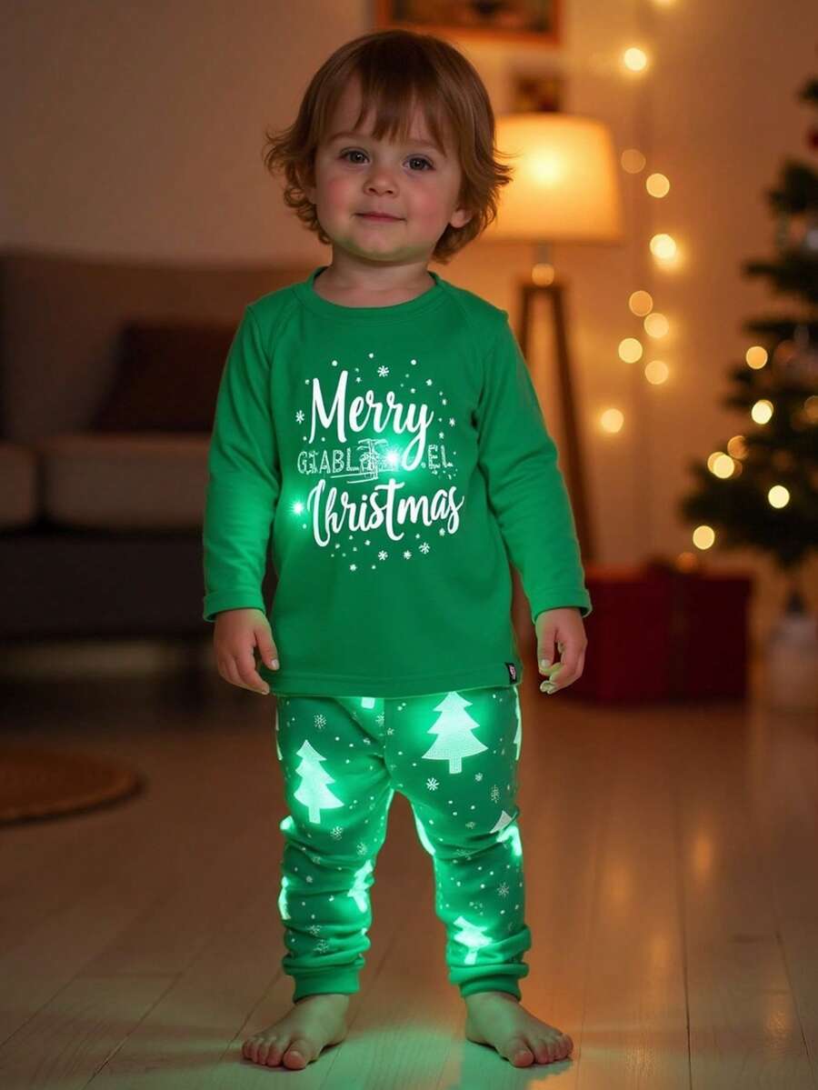 Infant/Toddler Boys' Green Christmas Tree Solid Color Long Sleeve Snug Fit Pajama Set
