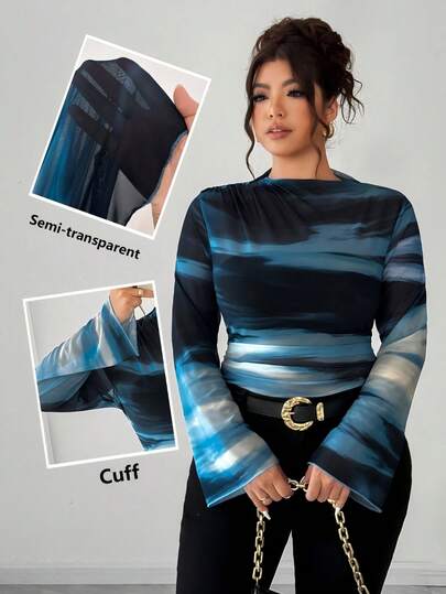 Elenzga Plus Size Women Vintage Elegant Fitted Pleated Ombre Printed Mesh Stretch Long Sleeve Base Layer T-Shirt Blouse Top, Ladies Spring/Autumn Clothing Curve Valentines Jake Sully Capri