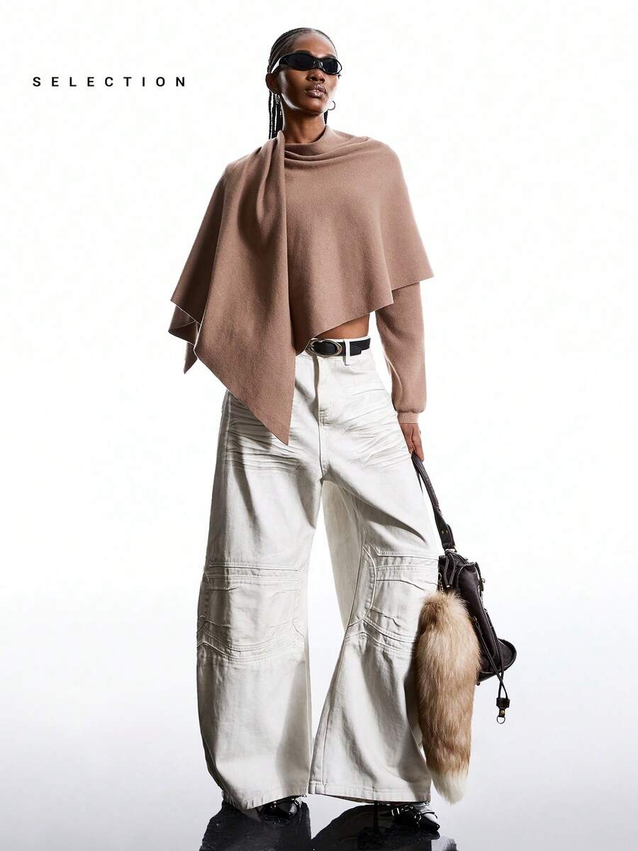 LYSMO 女式纯色不对称下摆宽松斗篷毛衣，秋冬 - 駝色 - 查看 1