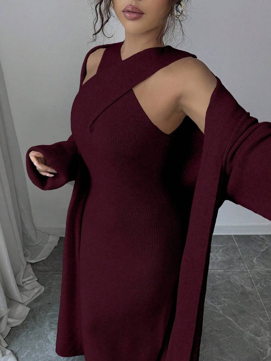 Elenzga Ensemble tricoté minimaliste élégant de couleur unie avec col croisé, robe fourreau à col ras-du-cou de couleur unie, cardigan long minimaliste de style vintage de couleur unie, convient pour le travail et les sorties - Rouge foncé - Voir 1