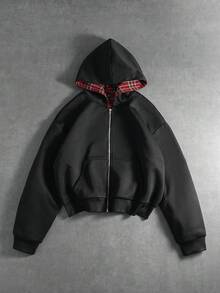 PAVTROS Manfinity Streetrush 男士街头风流行 INS 休闲格子连帽卫衣，秋冬季，街头服饰，保暖，圣诞节，男友礼物，双面拉链卫衣，长袖上衣 - 黑色 - 查看 10