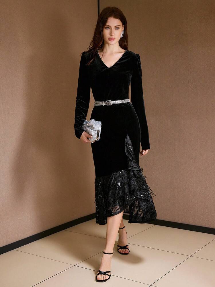 VELVET PATCHWORK V-NECK SEQUINS MERMAID HEM DIGNIFIED MIDI DRESS WITHOUT BELT , FALL WINTER