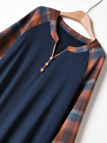 Rusticease Women's Plaid Patchwork V-Neck Long Sleeve Raglan Casual Versatile Blouse Christmas Winter - Multicolor - View 3