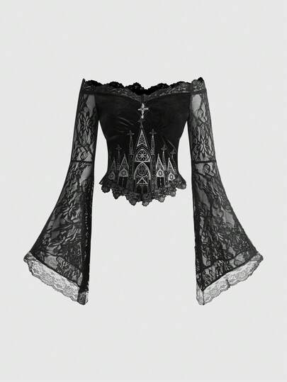 Gothic Church Embroidery Off-Shoulder Lace Bell Sleeve Velvet Fitted Blouse For Women