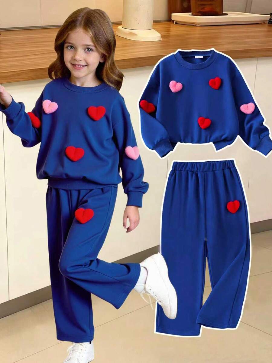 Elladie kids 2 Stücke/Set Mädchen (klein) marineblauer gestrickter Erdbeermuster Langarm Rundhals Sweatshirt und Hose Set, Herbst/Winter, modisches, niedliches Cartoon Kinderoutfit