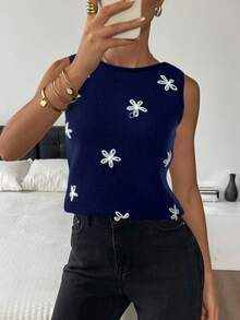 SHEIN Frenchy Floral Pattern Sweater Vest Going Out Tops Women,Knitted Sweater In Fall/Winter - Navy Blue - View 3
