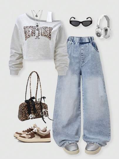 2pcs/Set Tween Girls Loose Casual Graphic Print Sleeveless Shoulder Sweatshirt & Light Blue Denim Pants Outfit, Suitable For Daily, Commute, Casual, Hangout