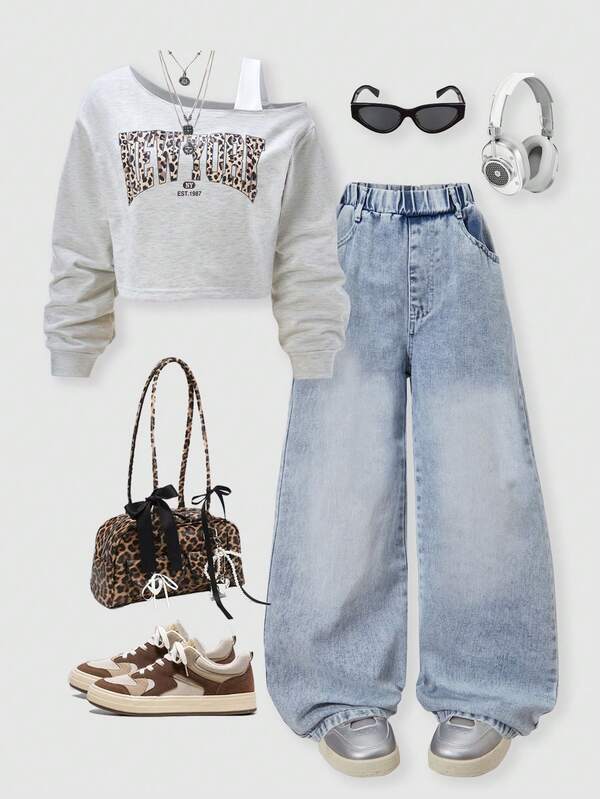 2pcs/Set Tween Girls Loose Casual Graphic Print Sleeveless Shoulder Sweatshirt & Light Blue Denim Pants Outfit, Suitable For Daily, Commute, Casual, Hangout