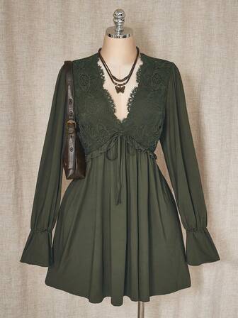 SHEIN ICON Vestido mini de talla grande de unicolor casual con parches de encaje para mujer, ropa de otoño