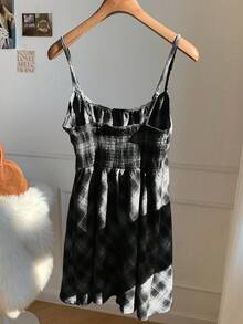 Comfortcana 女士秋冬休闲格子吊带迷你连衣裙方领连衣裙，黑白格子连衣裙，秋季田园风连衣裙，秋季服装 - 黑與白 - 查看 2