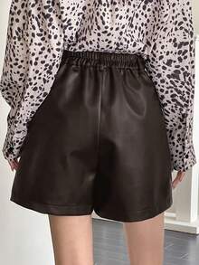 DAZY Casual Brown Wide Leg Faux Leather Shorts For Women With Pockets