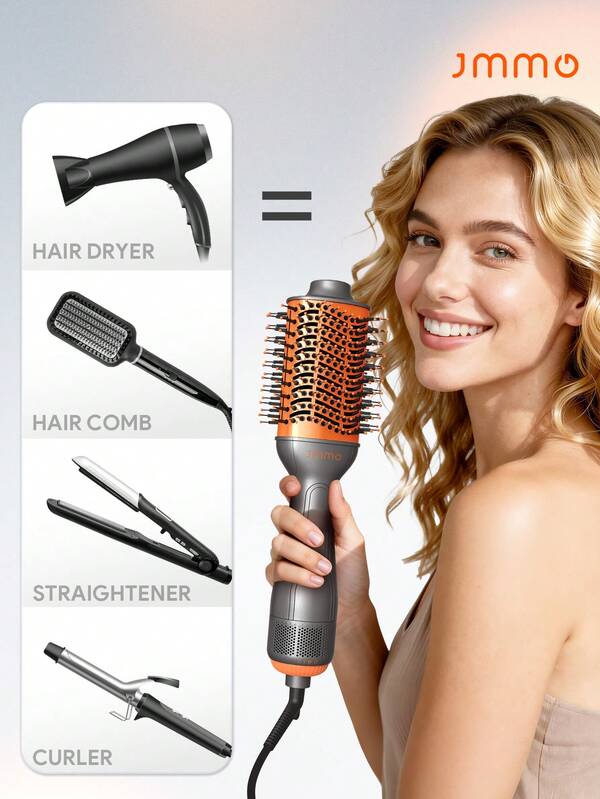 JMMO Cepillo de aire caliente volumizador HAIR, peine caliente, cepillo secador, estilo de salón fácil, secador de pelo y estilizador 4 EN 1 para secar, alisar, rizar y dar volumen al cabello, con cuidado incorporado para un cabello brillante, secado rápido, 3 temperaturas ajustables, sin tirones, sin enredos y sin enganchones, cepillo eléctrico para dar estilo a todo tipo de longitudes y texturas, adecuado para mujeres de moda, maquillaje, cosméticos, fiestas, playa, viajes y campamentos al aire libre