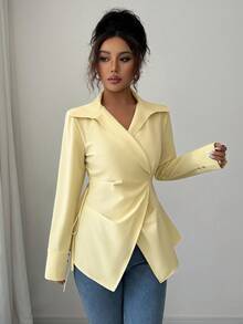 Elenzga Plus Size Women's Buttoned Shirt With Waist Cinching A-Line Silhouette, Metal Decor, Business Casual - Yellow - View 3