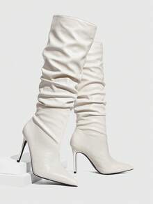 CUCCOO SZL Botas con punta de rhinestone y pliegues, atuendo de moda para citas y fiestas - Beis - Ver 11