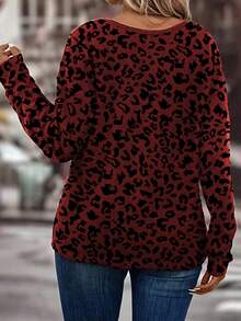 EMERY ROSE Casual Fashionable Plus Size V-Neck Long Sleeve Leopard Print T-Shirt, Plus Size, Autumn/Winter - Multicolor - View 2