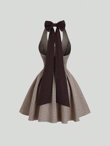 Sweetra Váy ngắn thiết kế eo thanh lịch cổ điển dành cho nữ, họa tiết kẻ caro màu cà phê, thu/đông - Cà phê - Xem 2