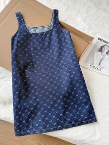 Comfortcana 女士休闲无袖牛仔连衣裙，通体印花，方领，夏季时尚无袖方领牛仔连衣裙，通体绗缝图案，迷你长度，休闲别致设计，夏季连衣裙，感恩节连衣裙 - 深色水洗藍 - 查看 2