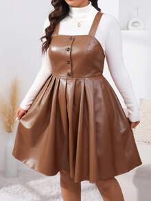 EMERY ROSE Đầm midi dáng suông cỡ lớn, chất liệu giả da, cài cúc phía trước, phong cách thanh lịch, thích hợp cho mùa thu/đông, mang đến vẻ ngoài trưởng thành, phù hợp cho công sở và đi làm. - màu nâu - Xem 4