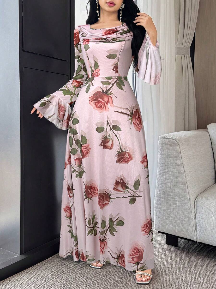 Modelyn 女式优雅花卉印花喇叭袖连衣裙 - 粉色 - 查看 1