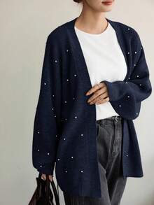 Dazy-Less Cárdigan de punto holgado de negocios casuales para mujer con cintura con cordón, elegante para ir al trabajo, salidas, bodas y fiestas, otoño/invierno - Azul Marino - Ver 3