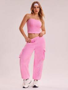 Sovereign Charm 女式网眼衬里厚羊毛抽绳抹胸性感休闲运动短款上衣，适合所有季节 - 粉色 - 查看 5