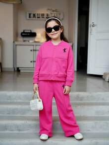 SHEIN 2pcs/Set Young Girls Stylish Jacket Paired With Elastic Waist Slim Fit Wide Leg Pants, Spring/Autumn - Hot Pink - View 6