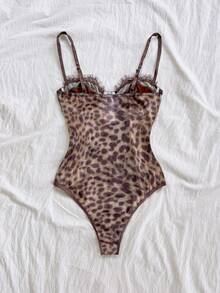 Soleia Leopard Print Bustier Lace Trim Bodysuit, Sexy Vacation/Holiday, Party, Date Night, Valentine's Day, Afternoon Tea - Brown - View 2
