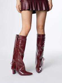 ROMWE Grunge Punk Women's Pointed Toe Lace-Up Chunky Heel Over-The-Knee Boots For Christmas - Burgundy - View 2