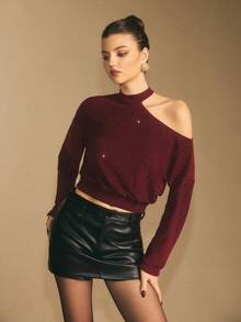 Poéselle 女士优雅腰部收腰斜肩长袖上衣，秋季 - 紅色 - 查看 8