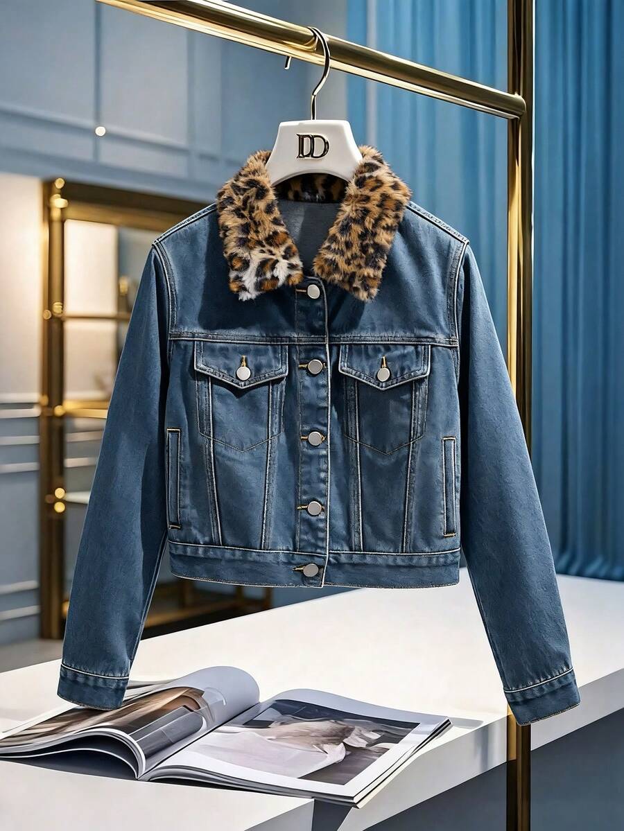 GlowEve Women's Leopard Print Patchwork Denim Shirt With Collar S For Women Jeans Jacket For Woman Women's Jackets Leopard Print Collar Jacket - Dark Wash - View 1