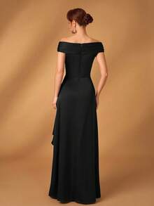 Serin Elegant Luxurious Navy Blue Satin Off Shoulder Pleated A-Line Asymmetric Ruffle Hem Dress, Suitable For Evening Parties, Galas, Weddings, Bridal Mother Gowns Mother Of Groom Dress Black Formal Evening Gown - Black - View 3