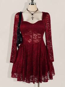 SHEIN ICON 大码女式甜心领蕾丝拼接长袖优雅连衣裙 - 紅色 - 查看 1