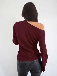 Siren Gaze Women's Casual Oblique Shoulder Ruched Waist Long Sleeve T-Shirt, Suitable For Autumn/Winter Christmas Red New Year New Year Party Burgundy - Burgundy - View 2