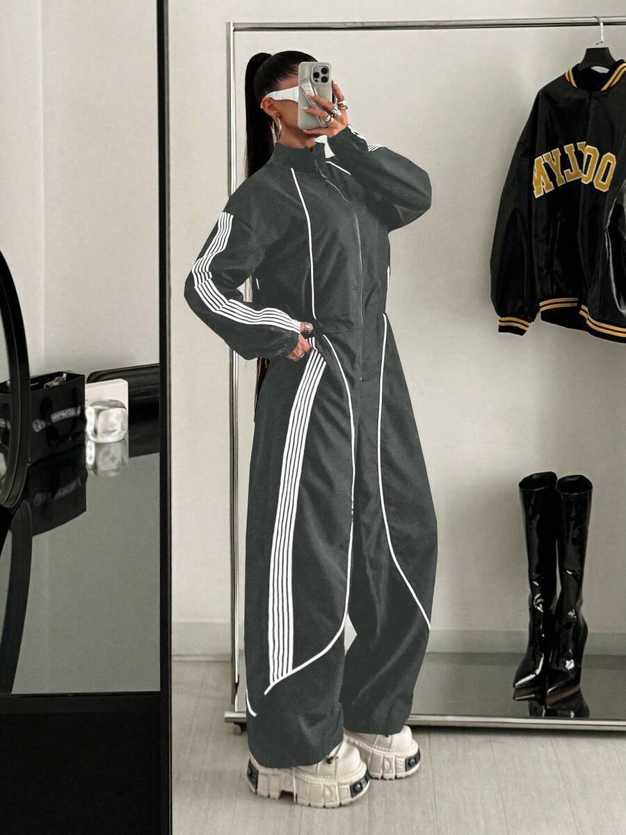 StreetHx Women's Sporty Color Block Zipper Front Wide Leg Loose Jumpsuit - Grey - View 1