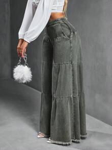 SHEIN SXY 女式宽松男友风破洞下摆拼布牛仔裤 - 軍綠色 - 查看 2